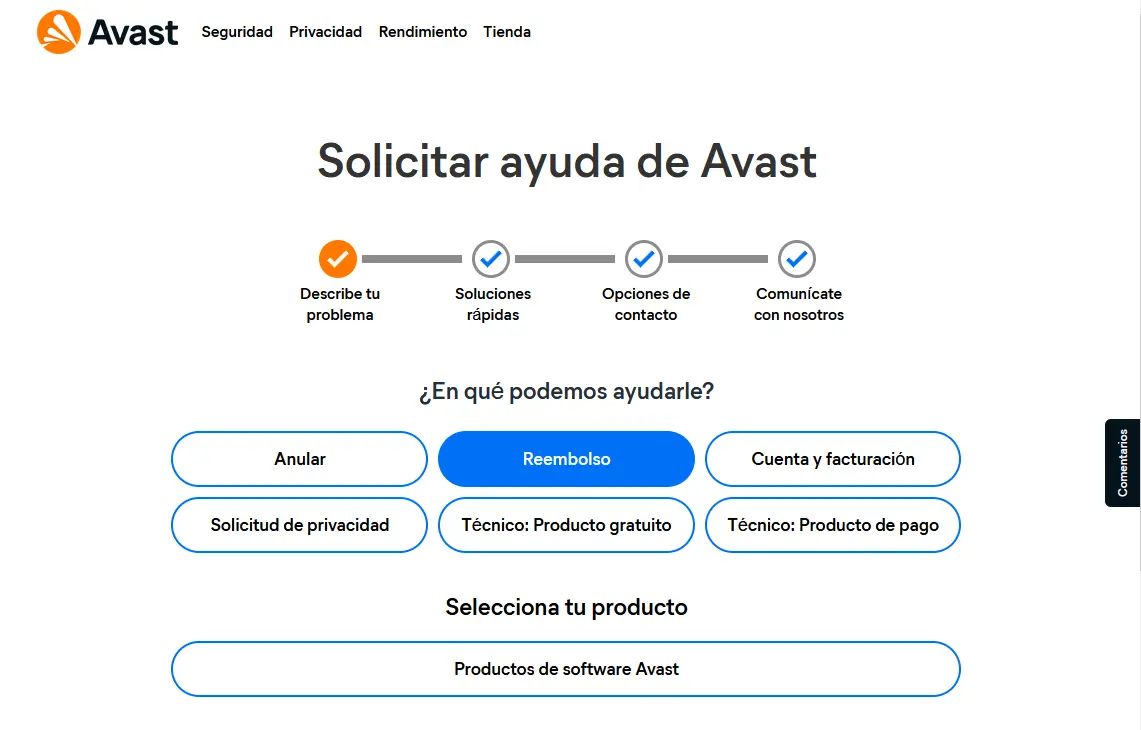 Paso 1. Formulario de solicitud de reembolso en avast.com