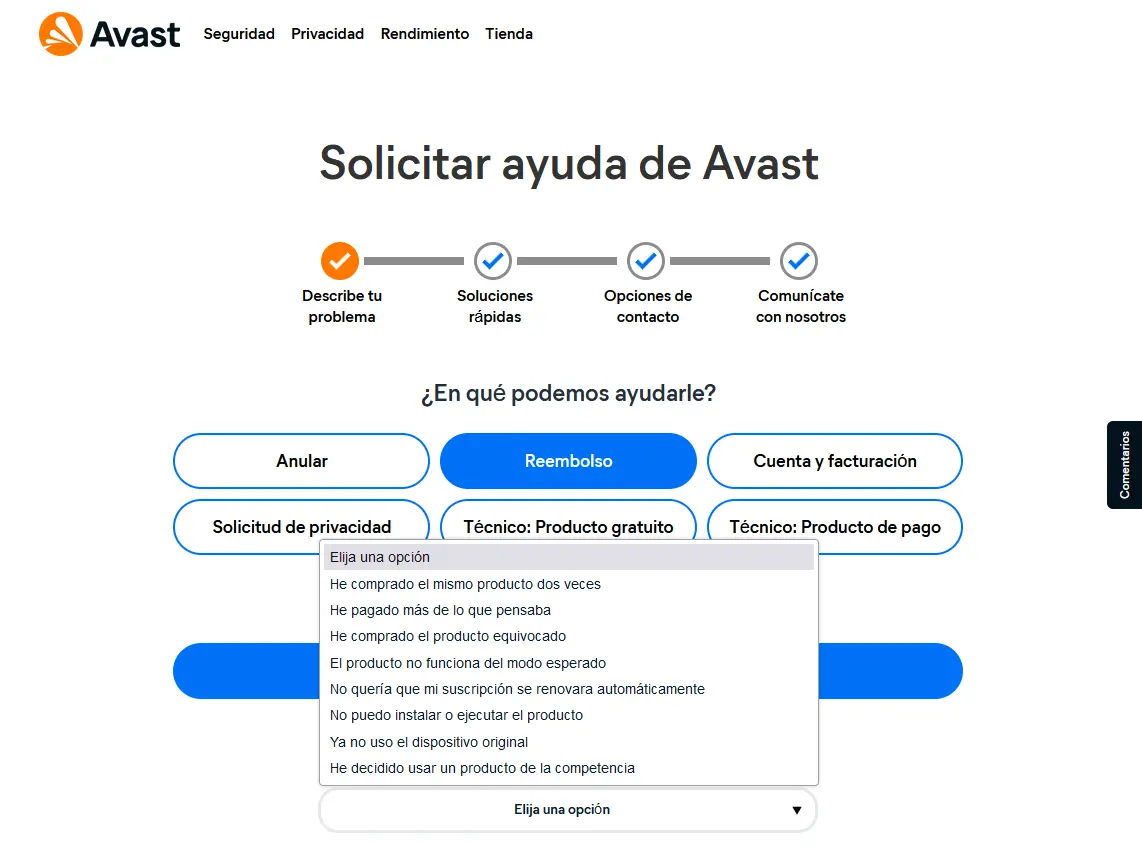 Paso 2. Formulario de solicitud de reembolso en avast.com