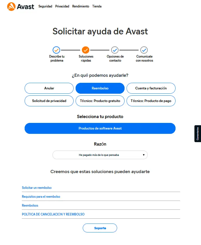 Paso 3. Formulario de solicitud de reembolso en avast.com