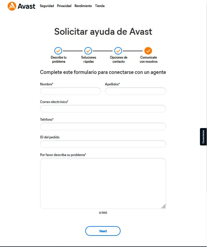 Paso 5. Formulario de solicitud de reembolso en avast.com